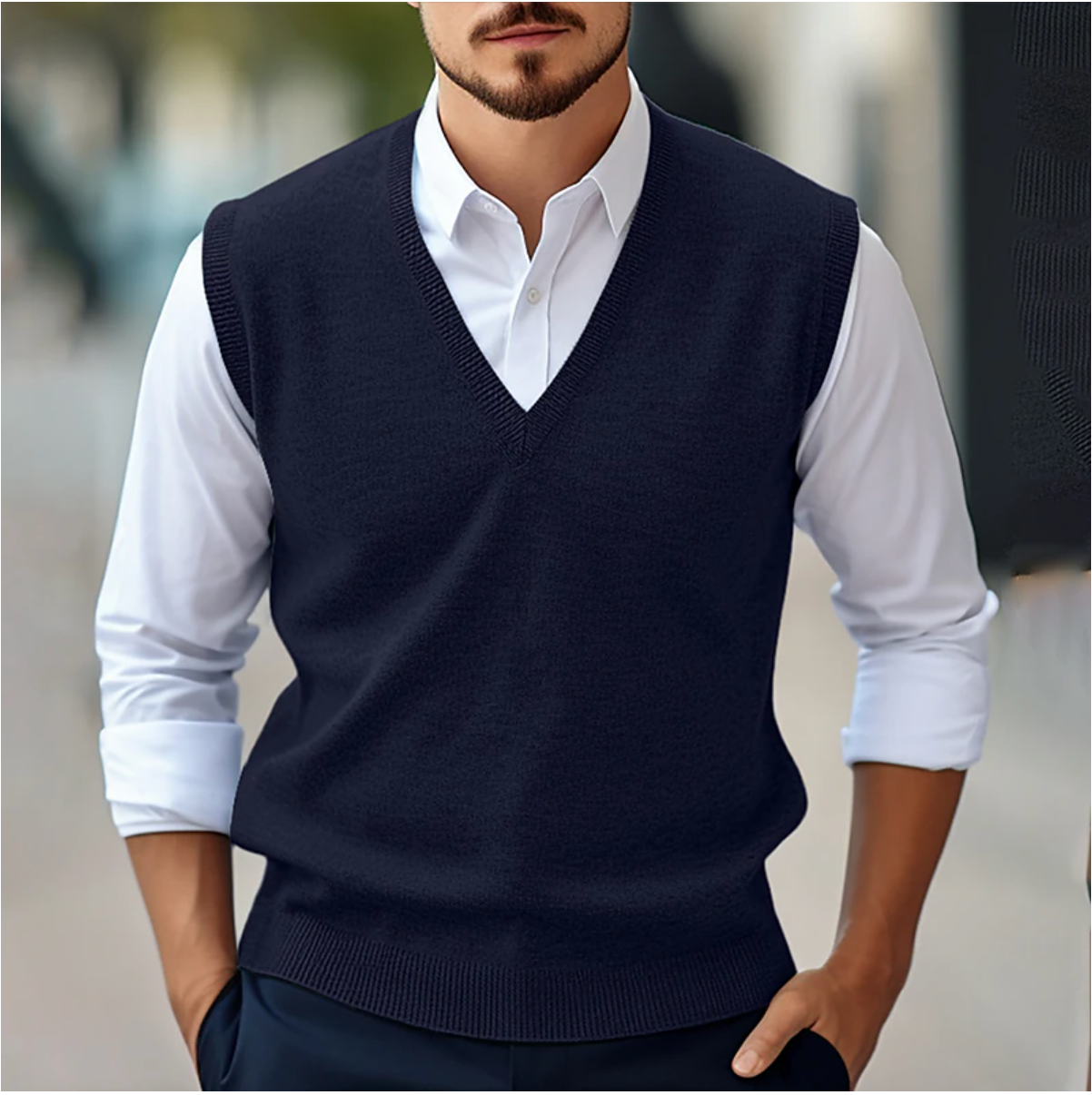 Maglione senza maniche con scollo a V da uomo – Maglia fine – Vestibilità classica – Rifiniture a coste – Stratificazione intelligente 1