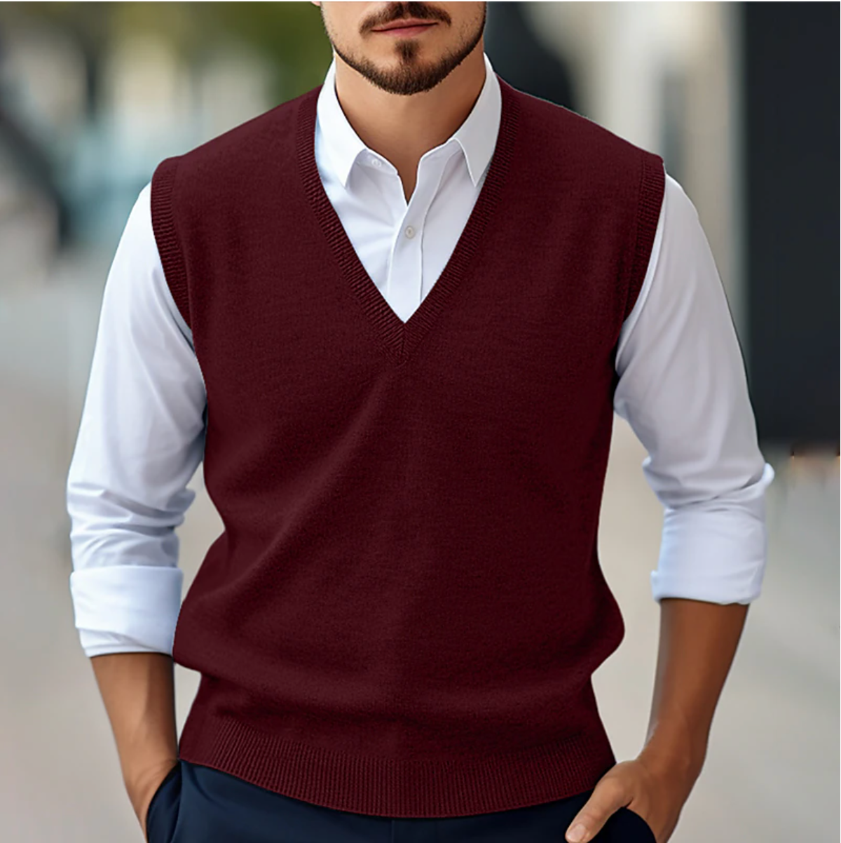 Maglione senza maniche con scollo a V da uomo – Maglia fine – Vestibilità classica – Rifiniture a coste – Stratificazione intelligente 2