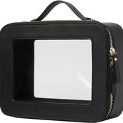 Custodia da viaggio nera con finestra trasparente, manico superiore e cerniera dorata. Ideale per cosmetici e accessori. Design elegante e funzionale.