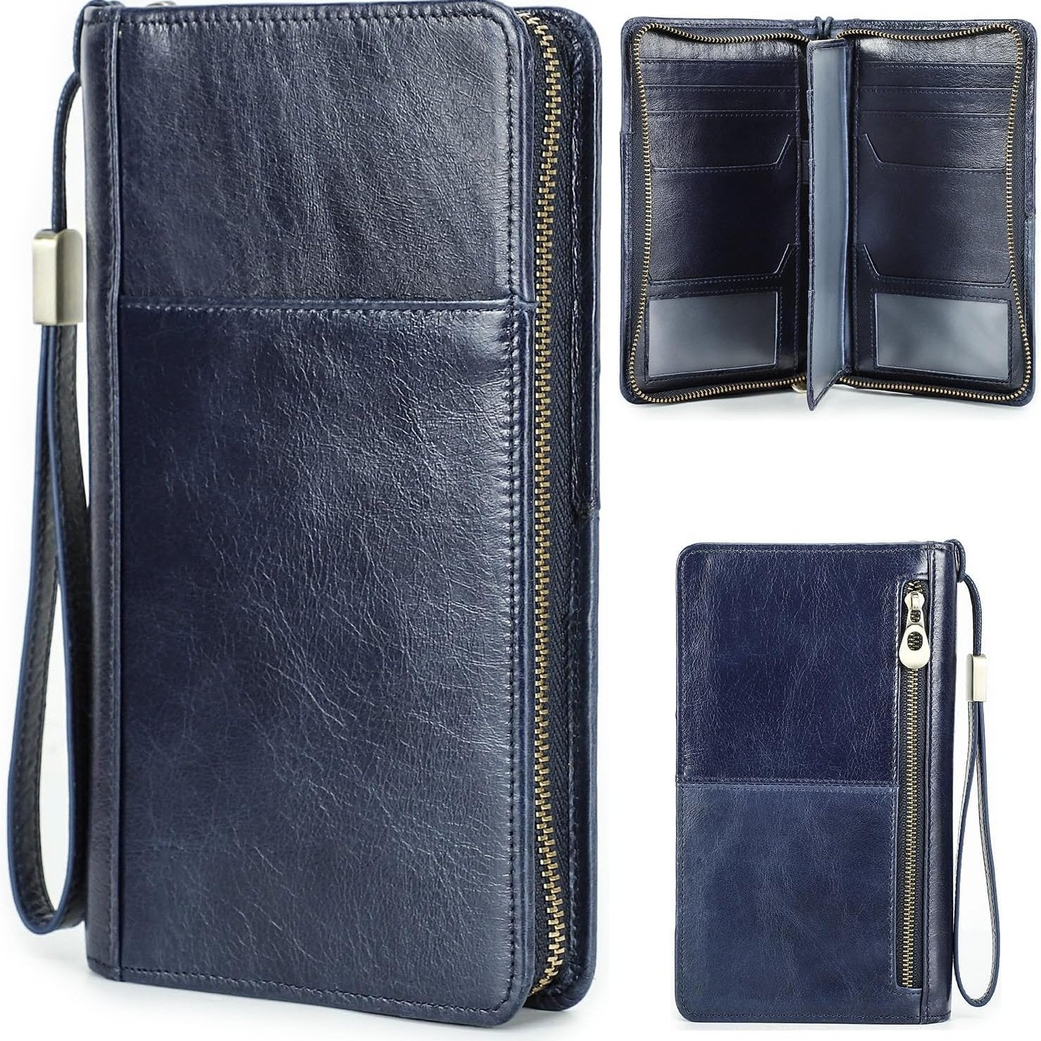 Portafoglio uomo in pelle blu con cerniera, cinturino da polso, scomparti per carte e contanti. Accessorio elegante e funzionale.