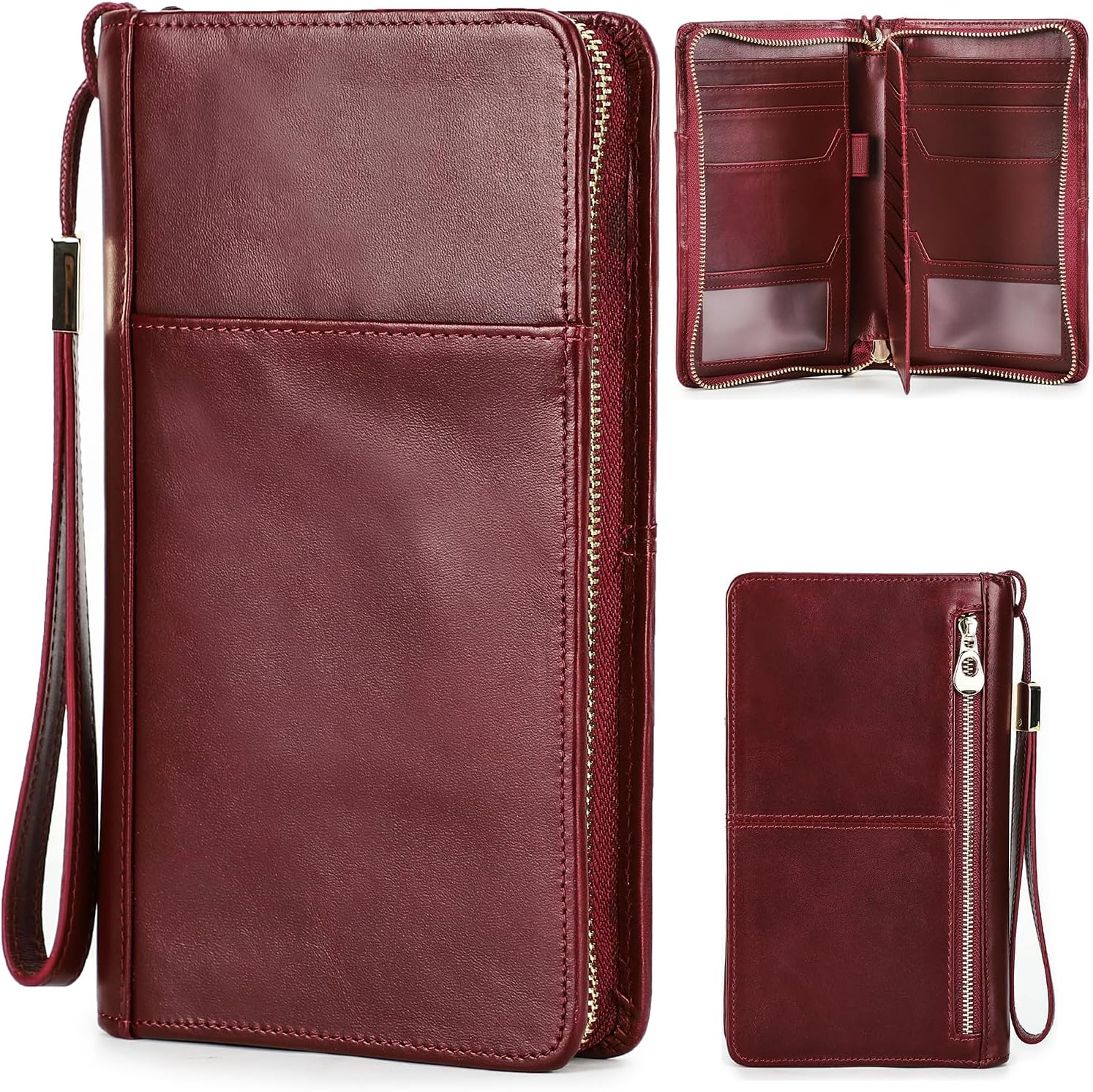 Portafoglio donna in pelle rossa, con cerniera e cinturino da polso. Design elegante, multi-scomparto per carte e contanti. Accessorio moda pratico.