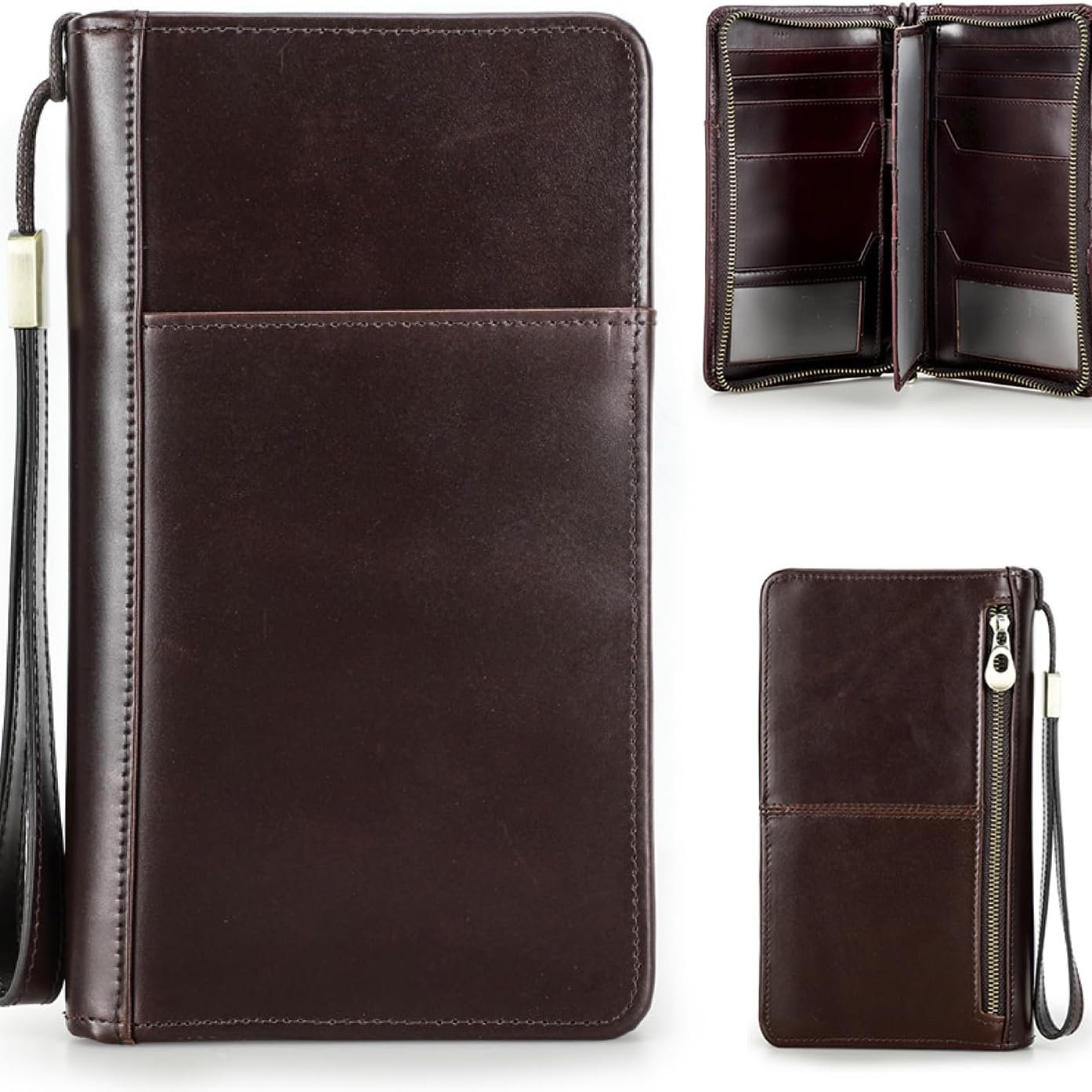 Portafoglio uomo in pelle marrone, design elegante con zip, tasche multiple per carte e contanti, ideale per moda e accessori di lusso.
