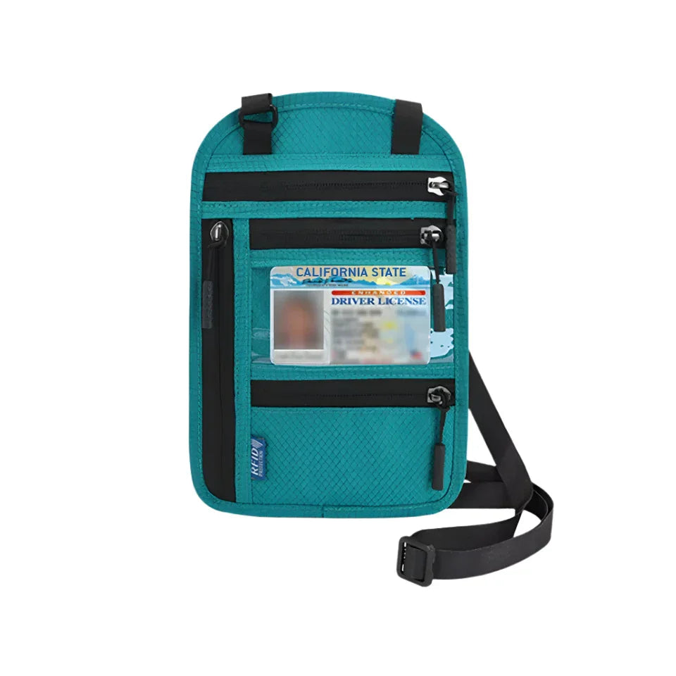 Borsa a tracolla verde con tasche multiple e finestra trasparente per documenti, ideale per viaggi e uso quotidiano. Design compatto e funzionale.