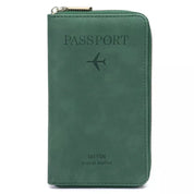 Portafoglio da viaggio verde in pelle con cerniera, design per passaporto, logo aereo, ideale per organizzare documenti e carte durante i viaggi.