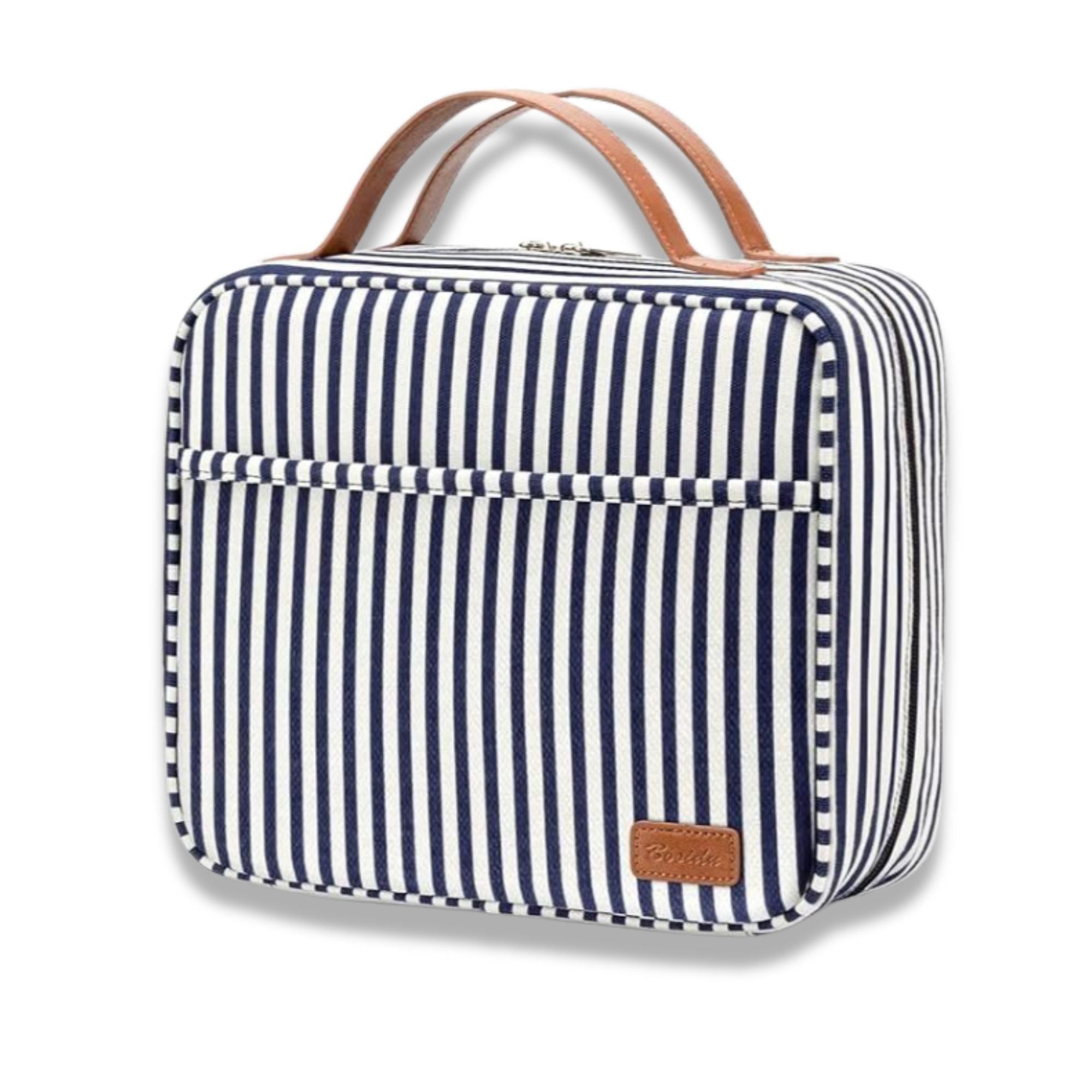 Borsa termica a righe blu e bianche con manico in pelle marrone, ideale per picnic e pranzo al sacco. Design elegante e pratico.