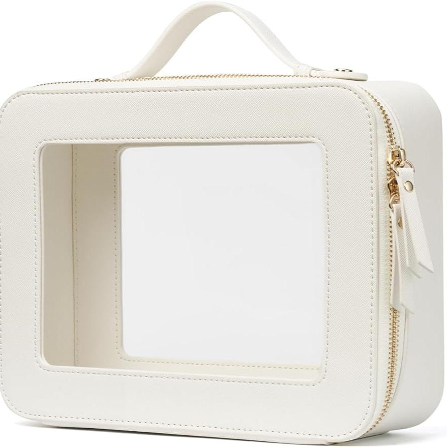 Custodia da viaggio bianca con finestra trasparente, zip dorata e manico superiore. Ideale per cosmetici, accessori, organizzazione valigia.