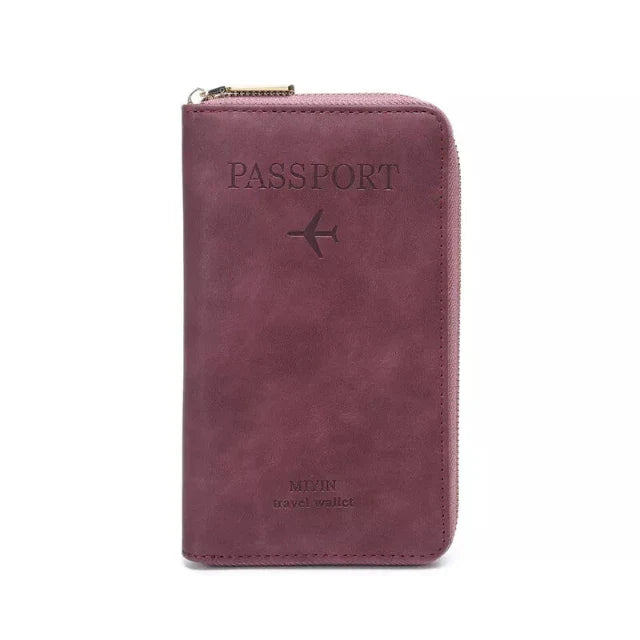 Custodia passaporto in pelle rosa con cerniera, design elegante con icona aereo, ideale per viaggi, portafoglio da viaggio compatto e funzionale.