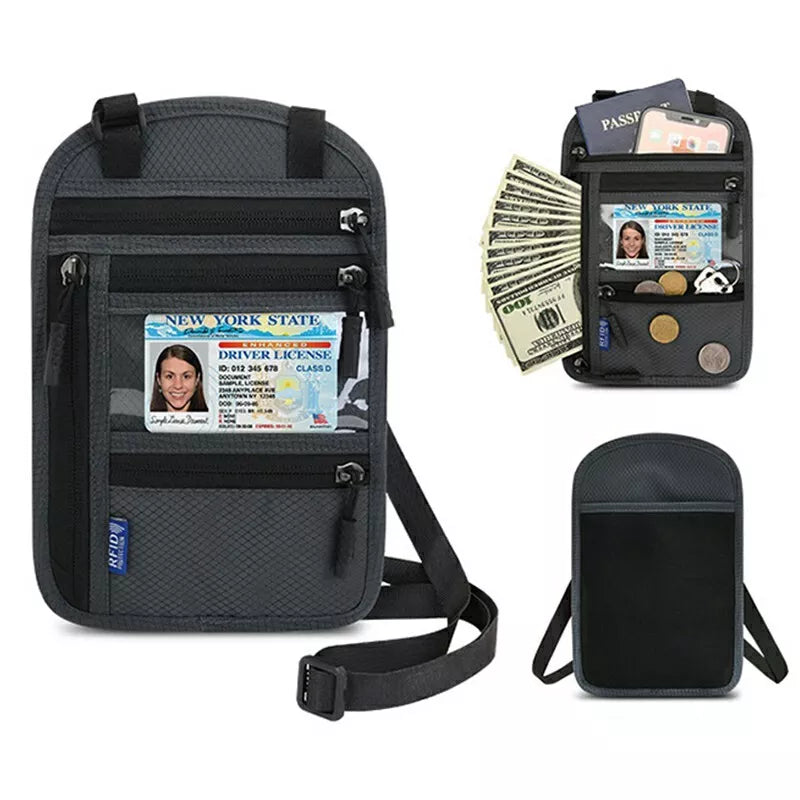 Tracolla porta documenti nera con tasche multiple, ideale per passaporto, patente, contanti e carte. Accessorio da viaggio sicuro e pratico.