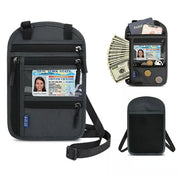 Tracolla porta documenti nera con tasche multiple, ideale per passaporto, patente, contanti e carte. Accessorio da viaggio sicuro e pratico.