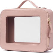 Astuccio da viaggio rosa con finestra trasparente, cerniera dorata e manico. Ideale per cosmetici. Design elegante e funzionale.
