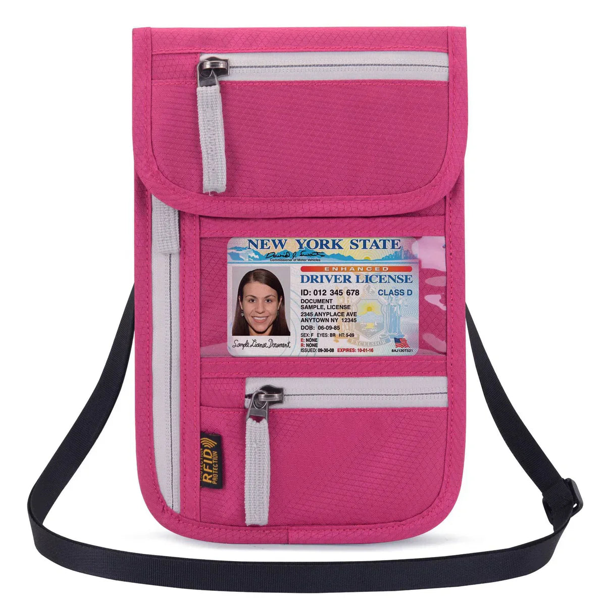 Borsa porta documenti rosa con protezione RFID, tasche con cerniera, tracolla regolabile, ideale per viaggi e sicurezza passaporti e carte.