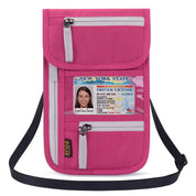 Borsa porta documenti rosa con protezione RFID, tasche con cerniera, tracolla regolabile, ideale per viaggi e sicurezza passaporti e carte.