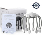 Massaggiatore per testa elettrico con scatola, cavo USB e manuale. Design a tentacoli, raccomandato dai medici. Ideale per rilassamento e benessere.