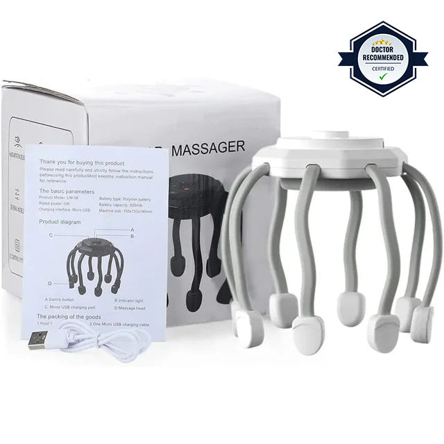 Massaggiatore per testa elettrico con scatola, cavo USB e manuale. Design a tentacoli, raccomandato dai medici. Ideale per rilassamento e benessere.