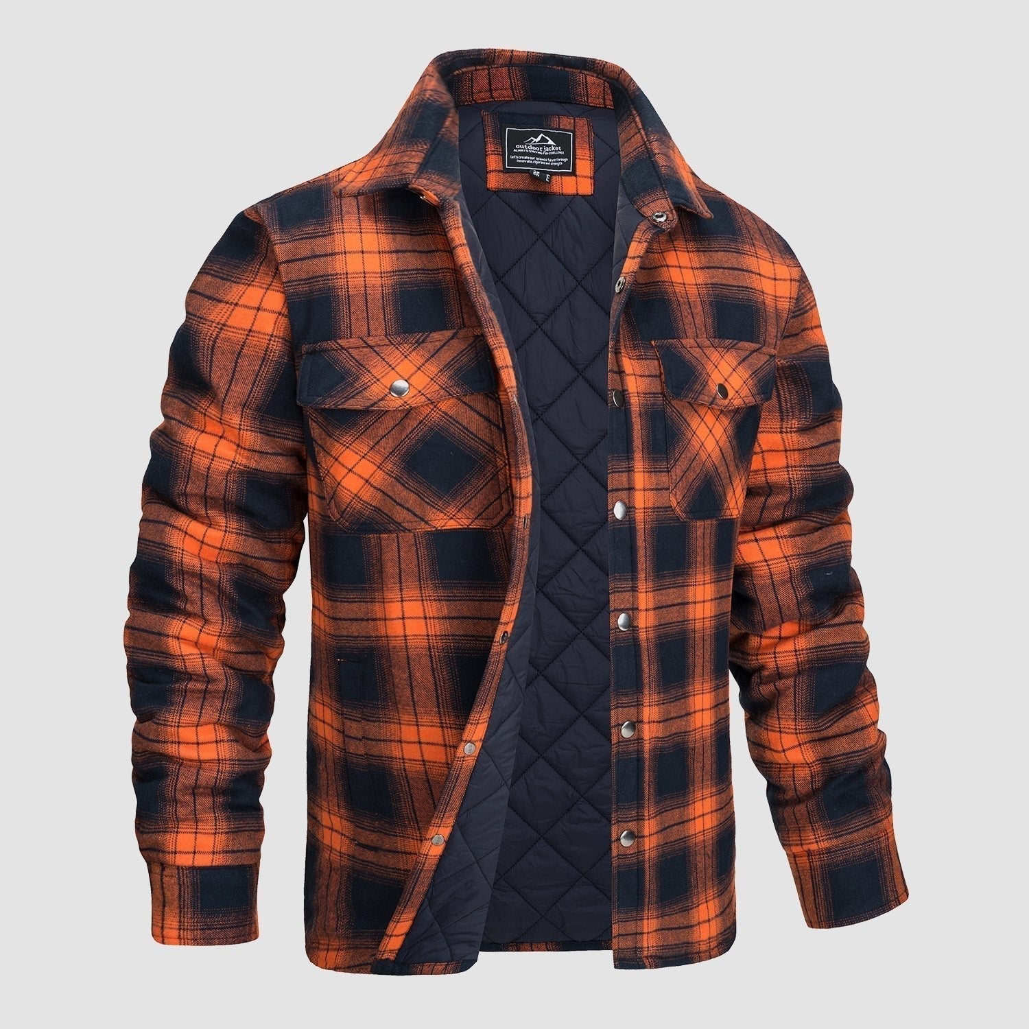 Camicia a quadri arancione e nera da uomo, imbottita, con bottoni e tasche frontali. Ideale per l'inverno, stile casual e outdoor.
