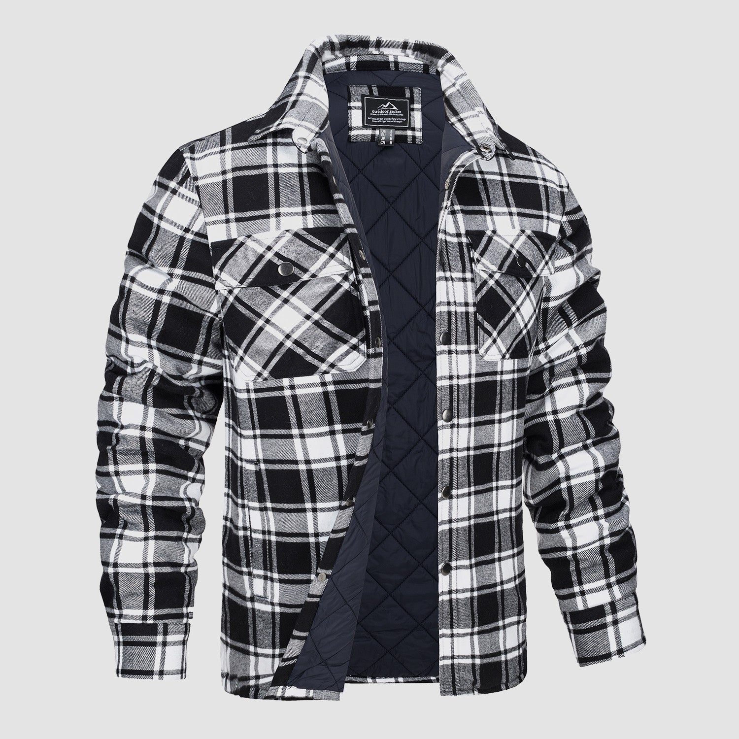 Camicia a quadri bianco e nero da uomo, imbottita, con tasche frontali, ideale per l'inverno. Stile casual, tessuto caldo e confortevole.