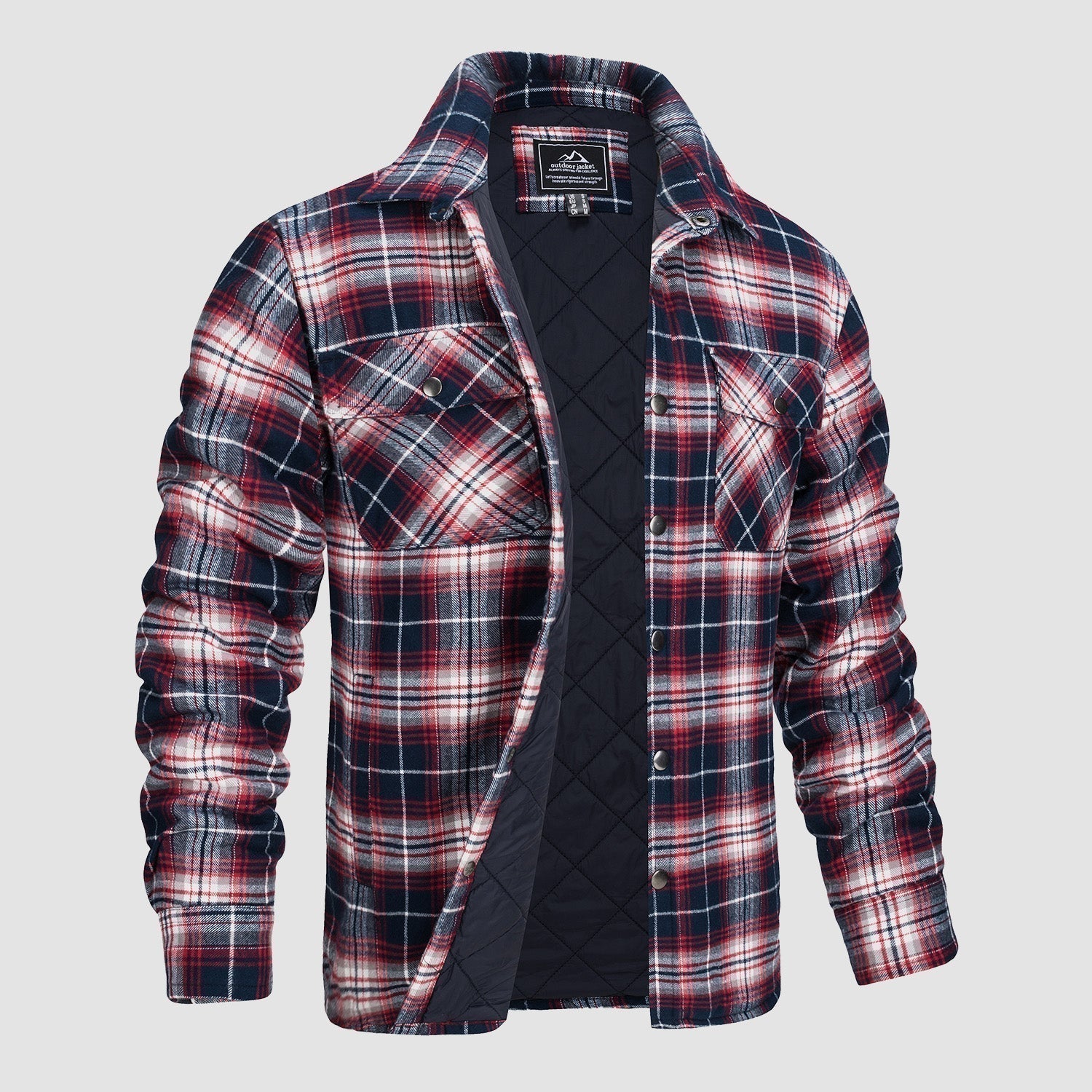 Camicia a quadri imbottita da uomo, blu e rossa, con tasche frontali, ideale per l'inverno. Stile casual, tessuto caldo e confortevole.