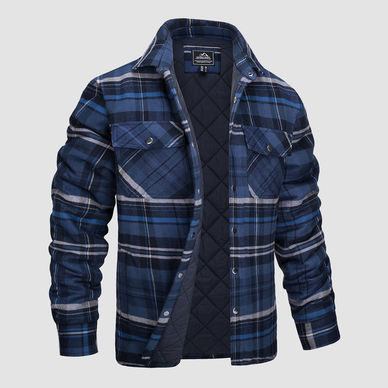 Camicia a quadri blu da uomo, imbottita e trapuntata, con tasche frontali e bottoni a pressione. Ideale per l'inverno, stile casual e confortevole.