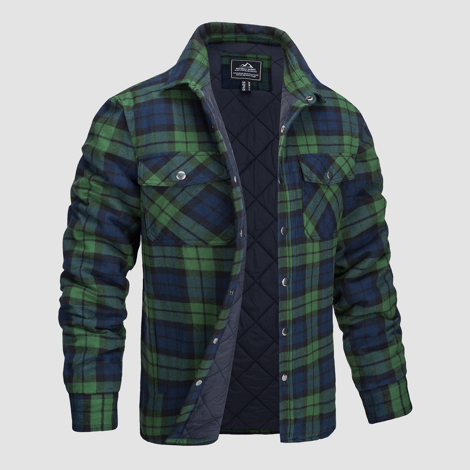 Camicia a quadri verde e blu da uomo, imbottita e trapuntata, con tasche frontali e bottoni a pressione. Ideale per l'inverno e attività all'aperto.