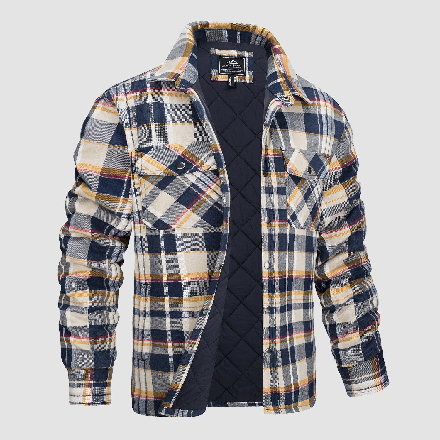 Camicia a quadri imbottita da uomo, blu e beige, con tasche frontali e fodera trapuntata. Ideale per l'inverno, moda casual e outdoor.