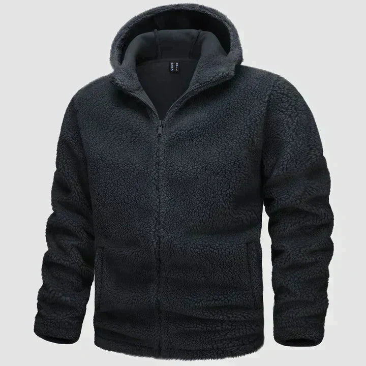 Giacca in pile nero con cappuccio, chiusura a zip, design caldo e morbido, ideale per l'inverno. Abbigliamento casual uomo, moda autunno inverno.