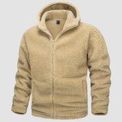 Giacca in pile beige con cappuccio, chiusura a zip, design caldo e morbido, ideale per l'inverno. Abbigliamento casual uomo, moda autunno inverno.