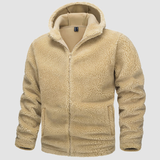 Giacca in pile beige con cappuccio, chiusura a zip, design caldo e morbido, ideale per l'inverno. Abbigliamento casual uomo, moda autunno inverno.
