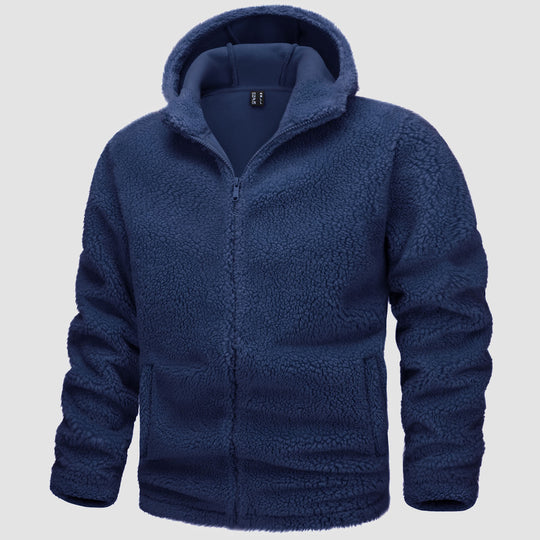 Giacca in pile blu con cappuccio, chiusura a zip, tasche frontali. Abbigliamento invernale caldo e morbido. Perfetto per outdoor e casual.