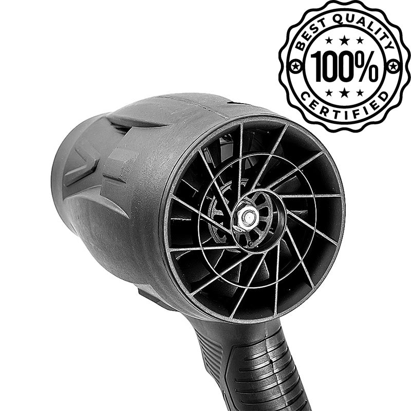 Asciugacapelli nero professionale con certificazione "Best Quality 100% Certified", design ergonomico, ideale per styling capelli veloce ed efficiente.