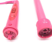 Ferro arricciacapelli rosa con controllo temperatura LED, design cilindrico, doppia tensione, ideale per styling capelli professionale e domestico.