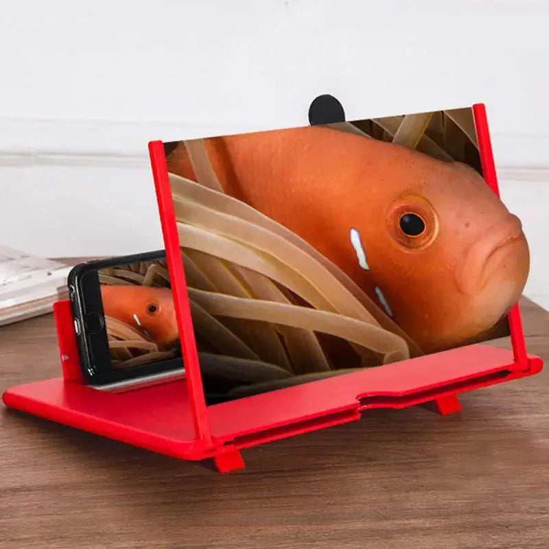 Amplificatore schermo smartphone rosso, ingrandisce display per visione ottimale. Accessorio portatile, ideale per video e film.