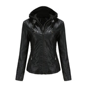 Giacca in pelle nera da donna con cappuccio, zip frontale, tasche con cerniera, design moderno. Ideale per moda autunnale e invernale.