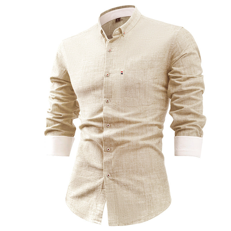 Camicia uomo beige a maniche lunghe, tessuto leggero, colletto button-down, polsini bianchi, ideale per look casual ed eleganti.