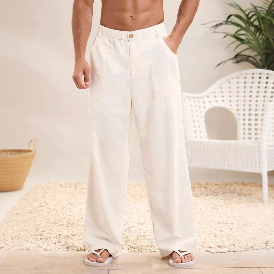  Pantaloni maschili - miscela di lino di cotone - Fit rilassato - vita elastica - Full Long-1