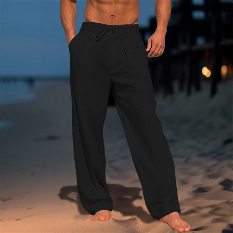  Pantaloni di lino maschile - vestibilità rilassata - vita coulisse - anteriore pieghettata - full long-4
