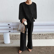  Set a due pezzi femminili-miscela di lino-vestito rilassato-top manica lunga-pantaloni a gamba larga-6