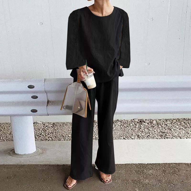  Set a due pezzi femminili-miscela di lino-vestito rilassato-top manica lunga-pantaloni a gamba larga-6