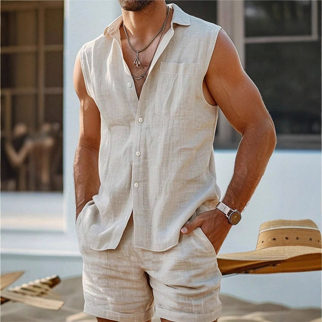  Set di camicia da uomo e pantaloncini-lino di cotone-Fit rilassato-abbigliamento casual abbottonato-1