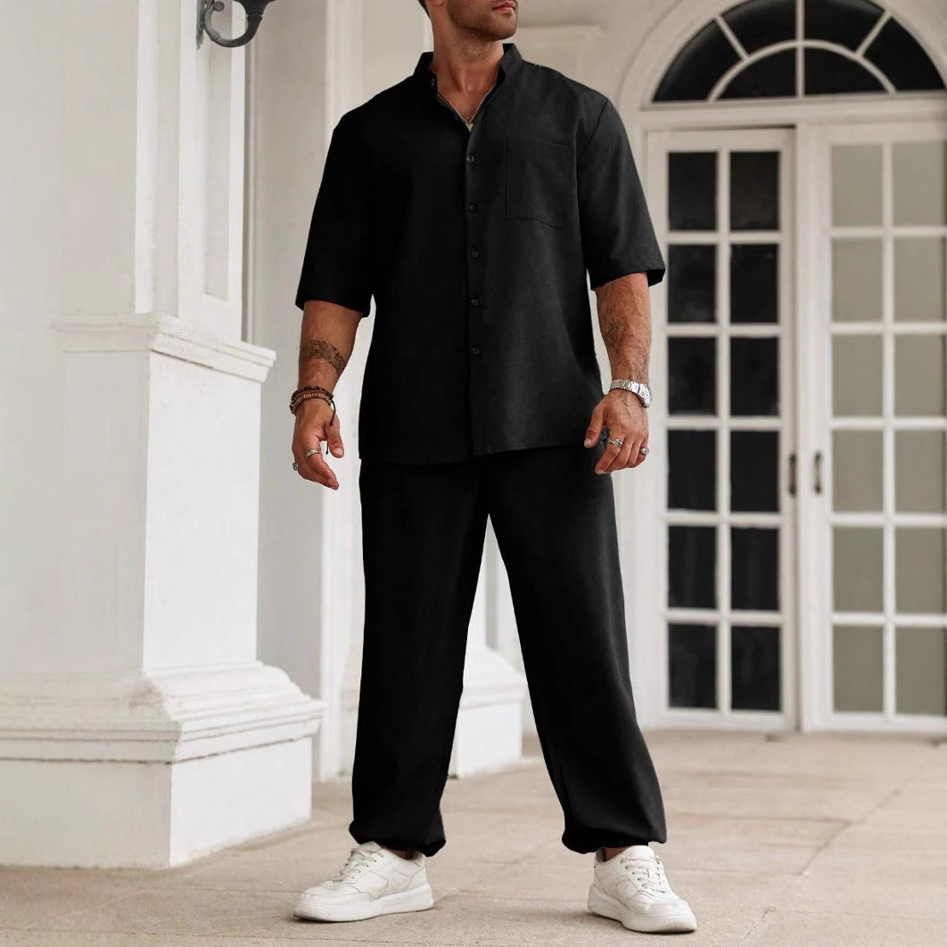  Set casual maschile - miscela di lino di cotone - Fit rilassato - camicia a maniche corte e pantaloni-2