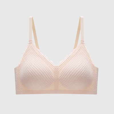 Reggiseno senza ferretto beige, design a righe, spalline regolabili, comfort quotidiano, intimo donna elegante e morbido.