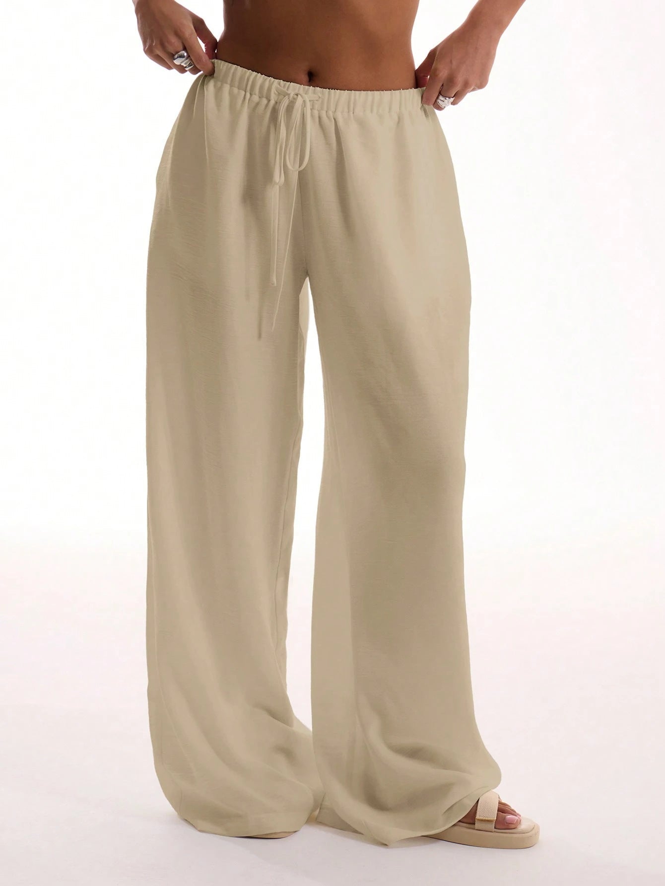 Pantaloni a gamba femminile-miscela di lino-Fit rilassato-vita coulisse-full long-4
