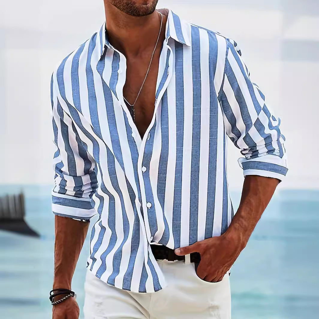  Camicia da uomo a manica lunga-miscela di lino di cotone-Fit rilassato-casual a strisce abbottonate-2