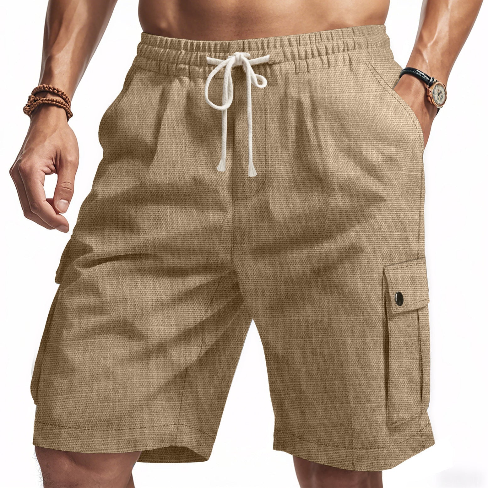  Shorts da carico maschile - lino di bambù - Fit rilassato - vita elastica - Multi tasca-3