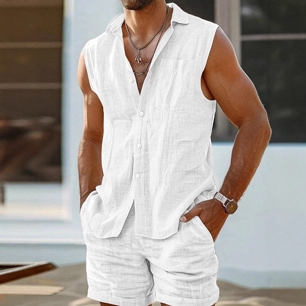 Set di camicia da uomo e pantaloncini-lino di cotone-Fit rilassato-abbigliamento casual abbottonato-4
