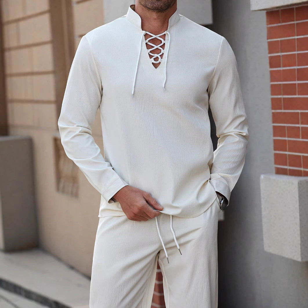  Shirt Henley maschile-miscela di lino di cotone-petto allacciato-Fit rilassato-Collar a banda-2