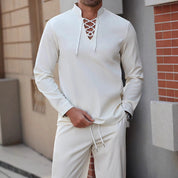  Shirt Henley maschile-miscela di lino di cotone-petto allacciato-Fit rilassato-Collar a banda-2