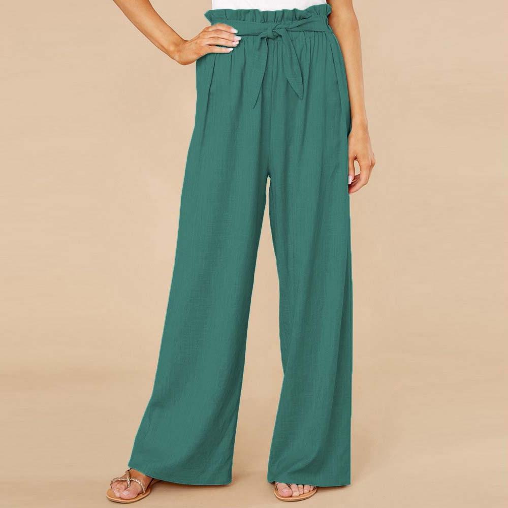 Pantaloni palazzo verdi da donna, vita alta con cintura, tessuto leggero, eleganti e casual, ideali per moda estiva e look quotidiano.