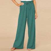 Pantaloni palazzo verdi da donna, vita alta con cintura, tessuto leggero, eleganti e casual, ideali per moda estiva e look quotidiano.