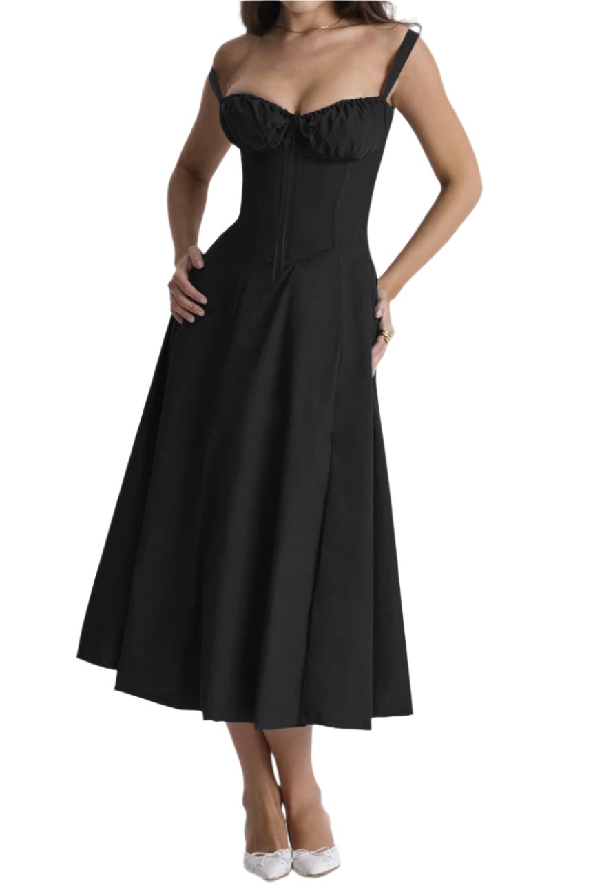 Abito nero elegante donna, scollo a cuore, spalline sottili, lunghezza midi, stile vintage, perfetto per serate e occasioni speciali.