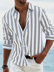  Camicia da uomo a manica lunga-miscela di lino di cotone-Fit rilassato-casual a strisce abbottonate-1